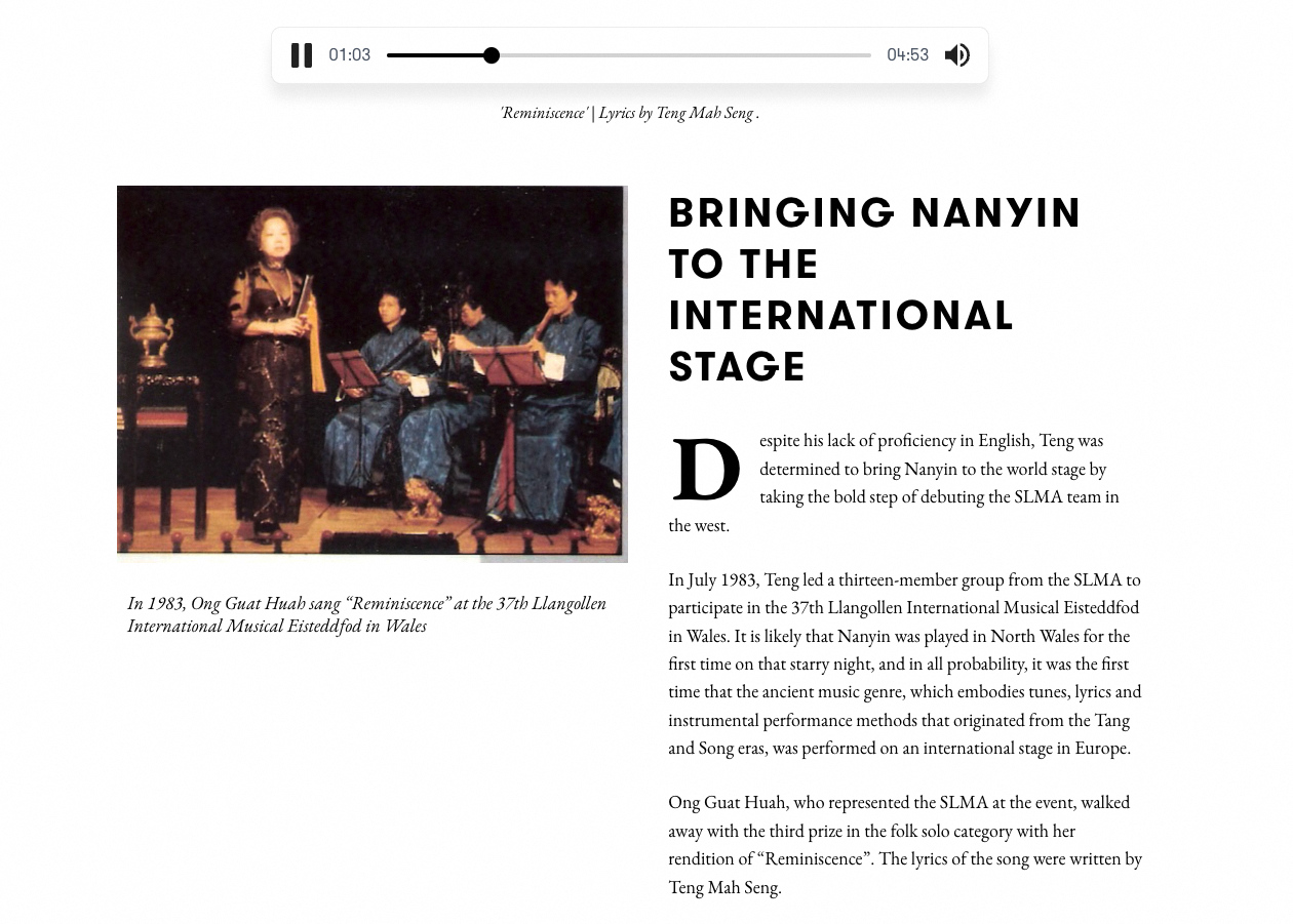 The webpage tells the story of how Teng Mah Seng brought Nanyin to Wales Image Credit: Siong Leng Musical Association